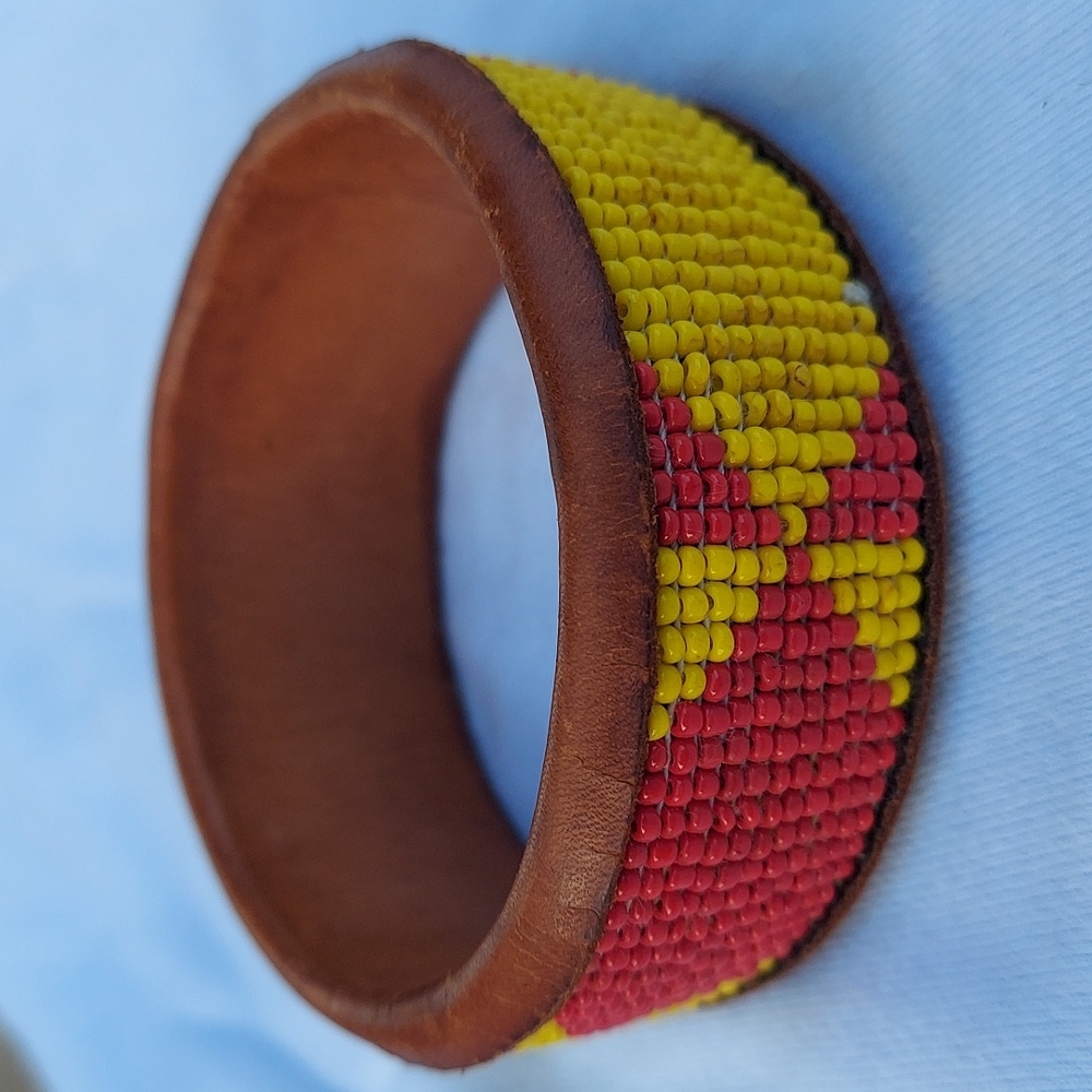 Vintage Estate Native American Red & Yellow Beaded Leather Bangle Bracelet